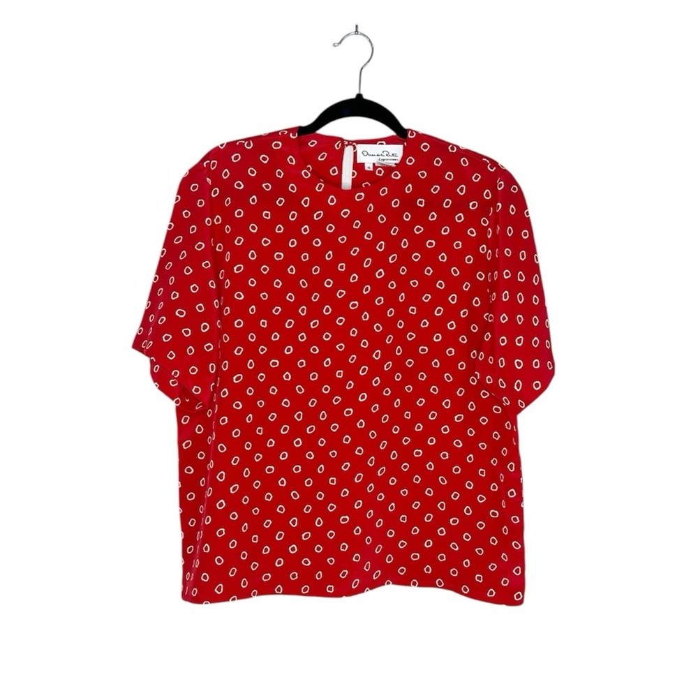 Oscar de la Renta Expressions Red with white Circles Short Sleeve Blouse size 16